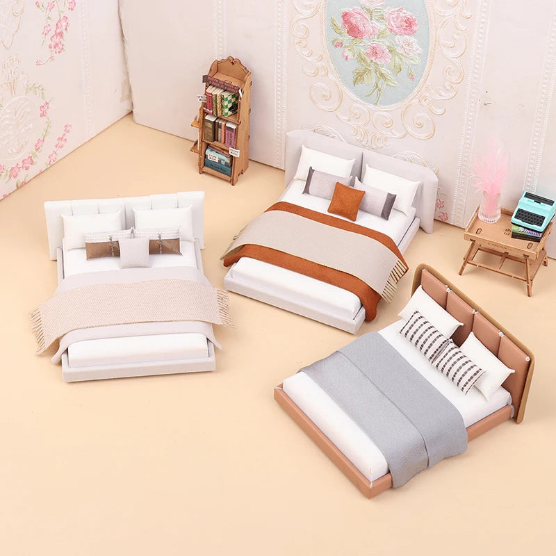 Dollhouse Cream Color Double Bed Model For Bedroom Micro Landscape Scene Miniature Furniture Doll Accessories