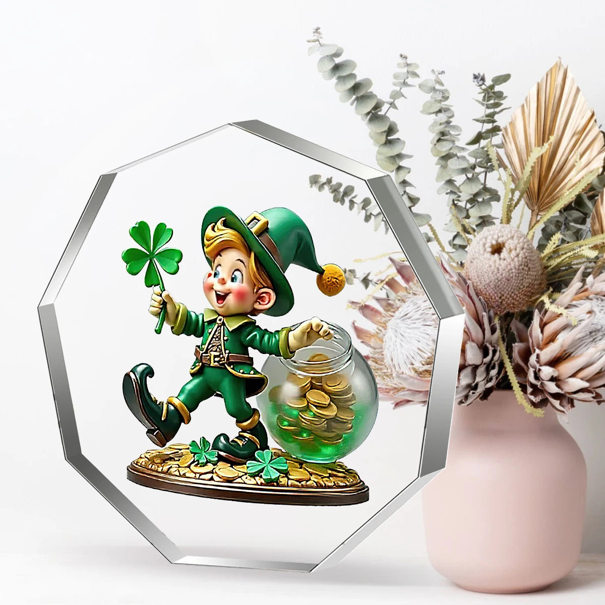 St. Patrick’s Day Leprechaun Acrylic Decor: Four-Leaf Clover & Pot of Gold Lucky Ornament for Home/Desk