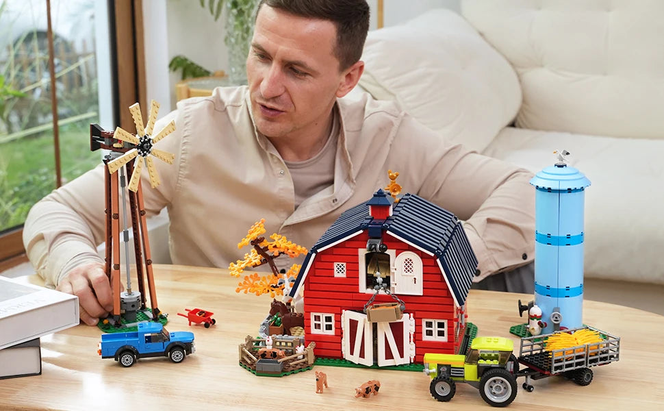 Farm Barn Building Set with Light-with Windmill Tractor Horse Animals Big Barn Construction Toy Brick Kit for Adults Teens 8+