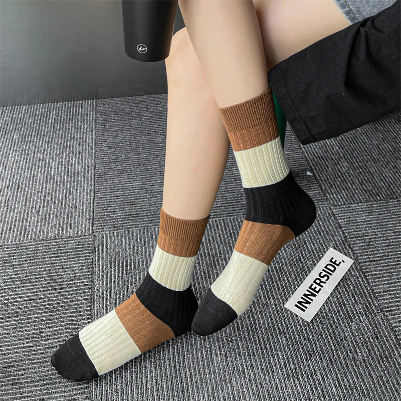 Socks For Women New Fashion Autumn Striped Cotton Long Socks Breathable Soft Korean Style Cute Embroidery Girls Casual Comfort