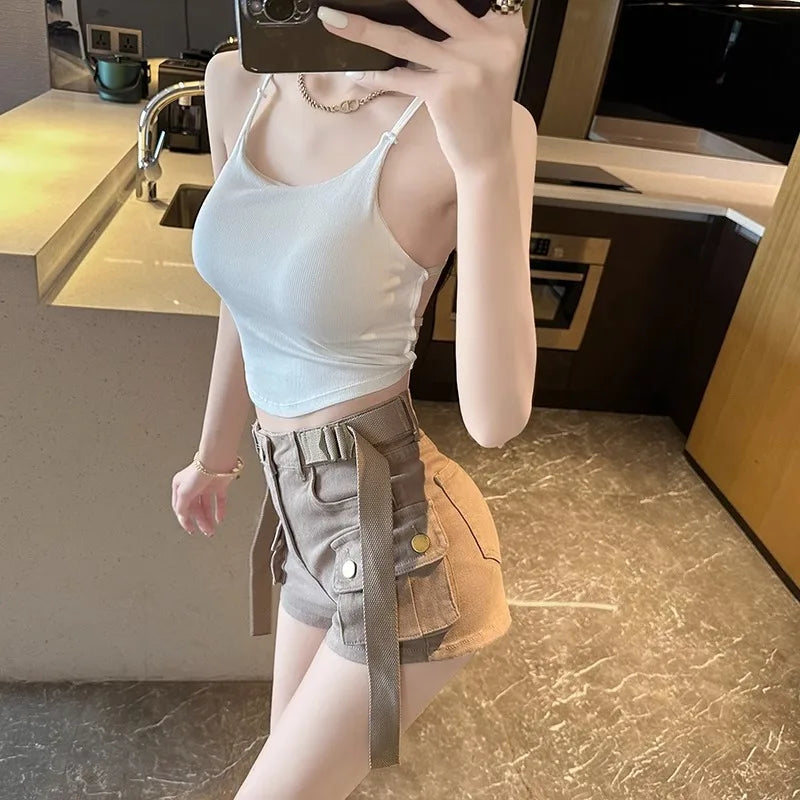 Summer Sexy ort Tank Top Women's Slim Fit Csole Vest Outerwear with Chest Pad Strap Vest Pure Color Faion Design