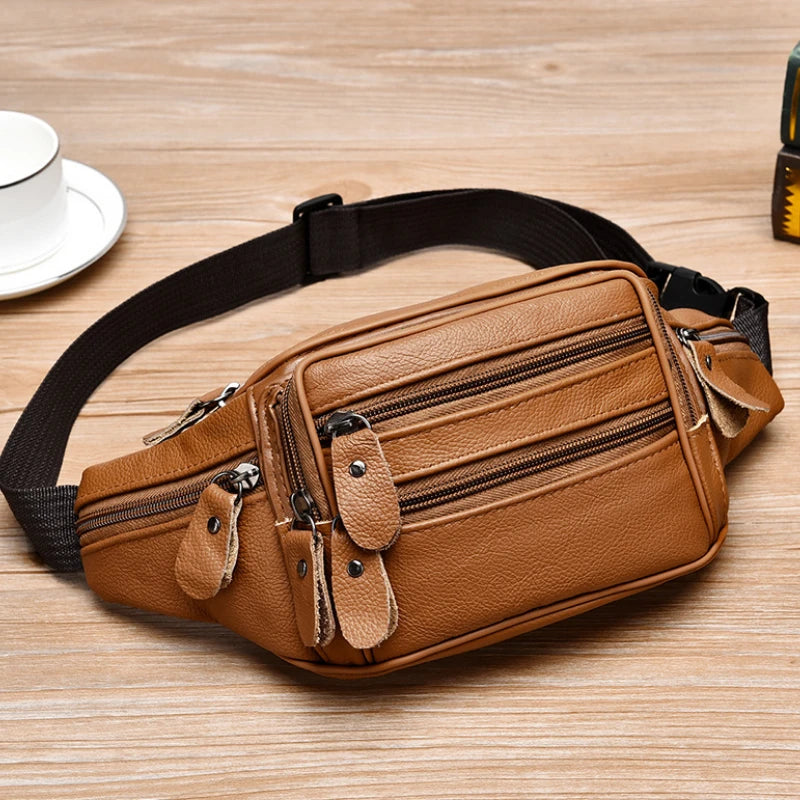 Large Capacity Waterproof PU Leather Men's Waist Bag Male Zipper Site Workers Travel Phone Bag Fanny Pack Men