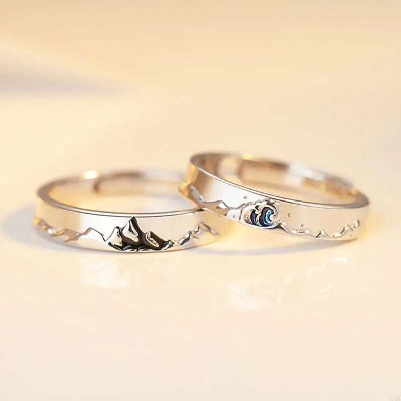 2 Pcs Couple Rings Mountains Seas Ring Jewelry Set Adjustable His Her Matching Ring for Lover