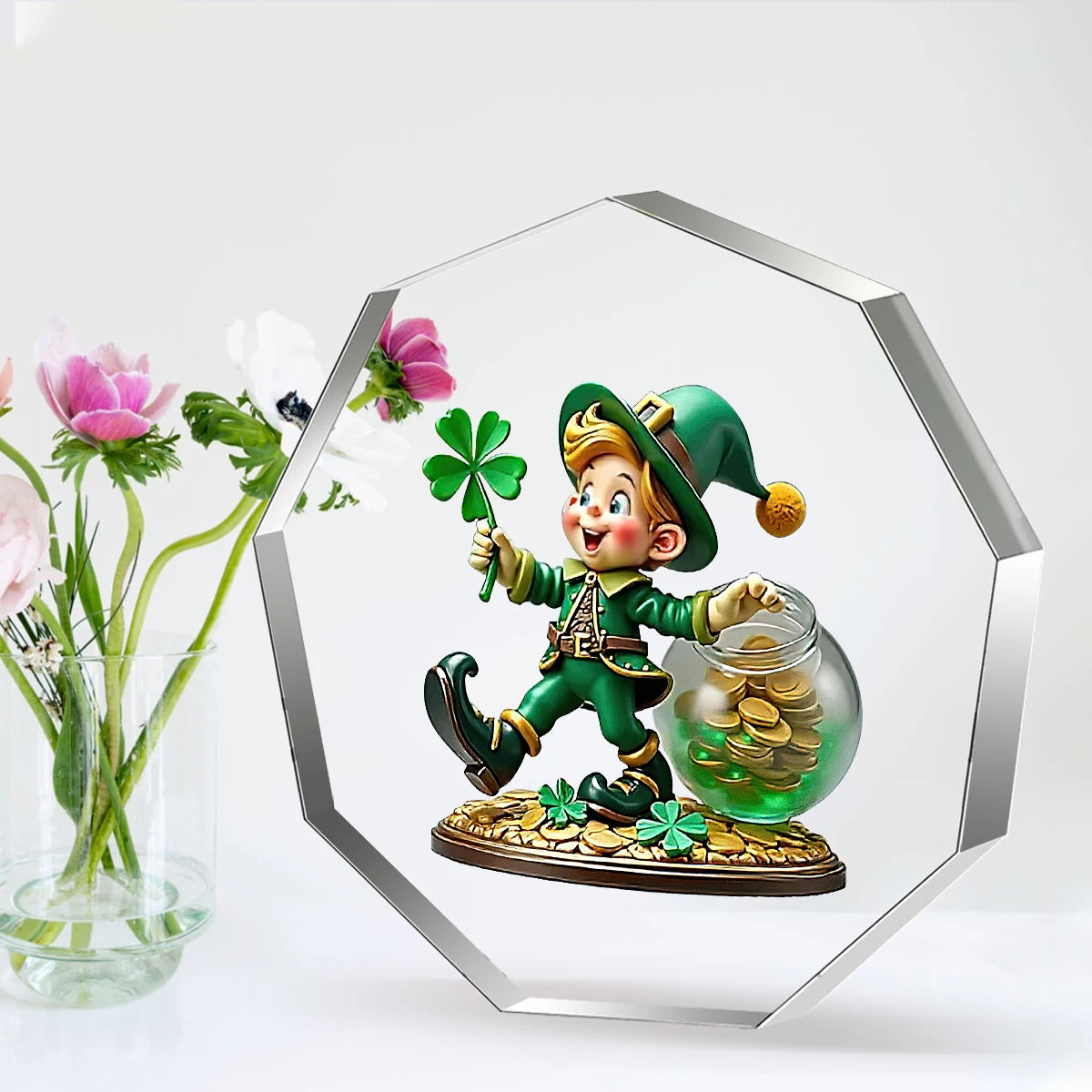 St. Patrick’s Day Leprechaun Acrylic Decor: Four-Leaf Clover & Pot of Gold Lucky Ornament for Home/Desk