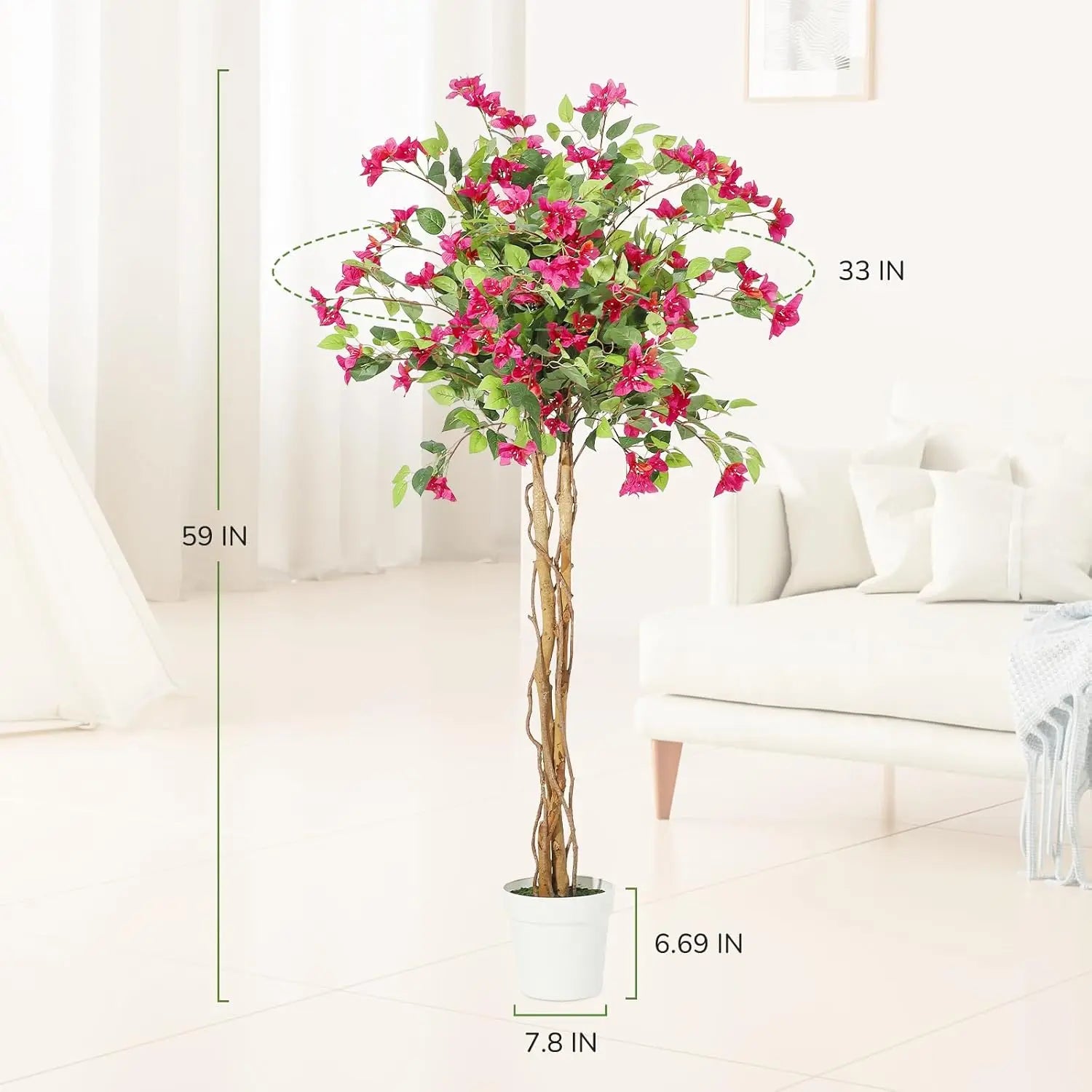 Artificial Bougainvillea Tree, Tall Potted Lifelike Tree Indoor, Faux Tree with Wood Trunk and Pink Flowers for Outdoor