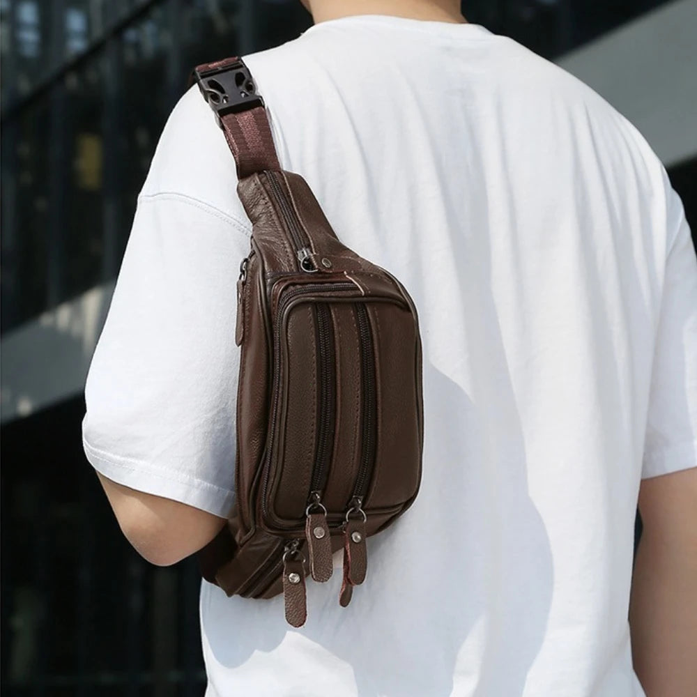 Large Capacity Waterproof PU Leather Men's Waist Bag Male Zipper Site Workers Travel Phone Bag Fanny Pack Men