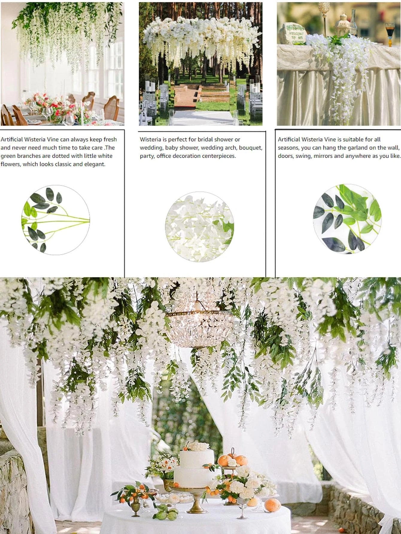 12pcs Artificial Flowers Hanging Wisteria Faux Flowers Garland Silk Vine Rattan Long String Home Outdoor Wedding Party Decor