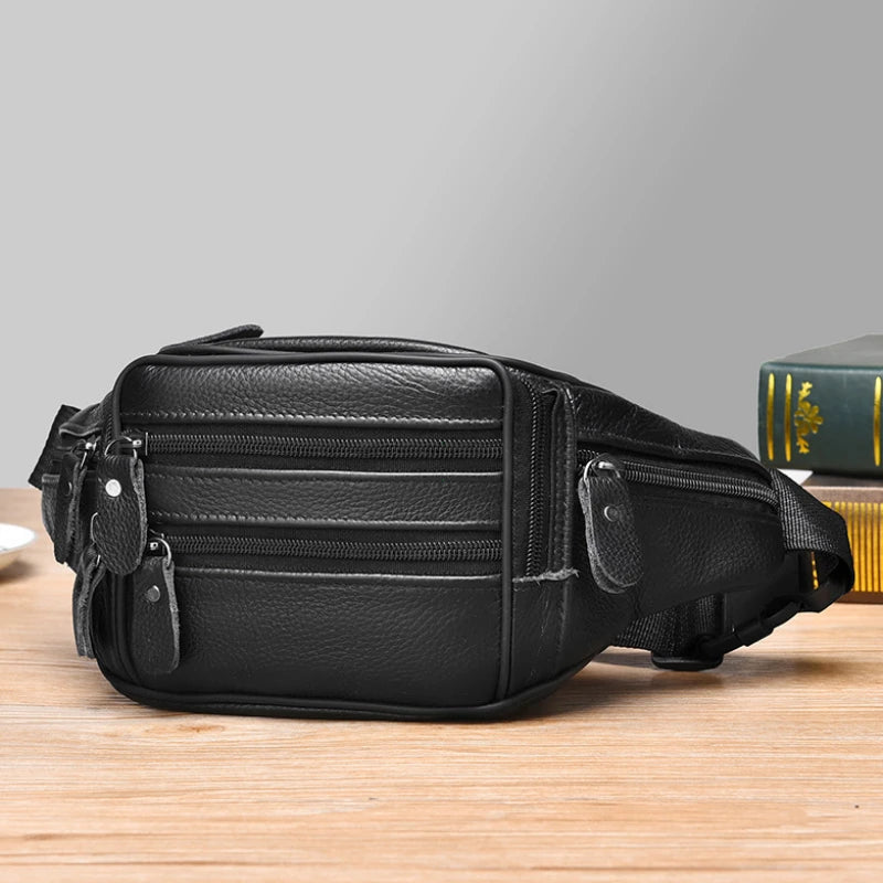 Large Capacity Waterproof PU Leather Men's Waist Bag Male Zipper Site Workers Travel Phone Bag Fanny Pack Men