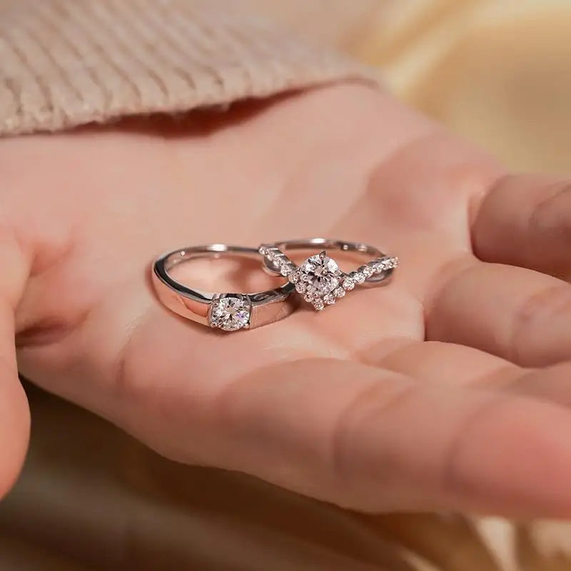 1/2pcs Silver Color Shiny Zircon Matching Couple Rings Luxury Delicate Wedding Rings Set for Women Men Charm Jewelry Accessories