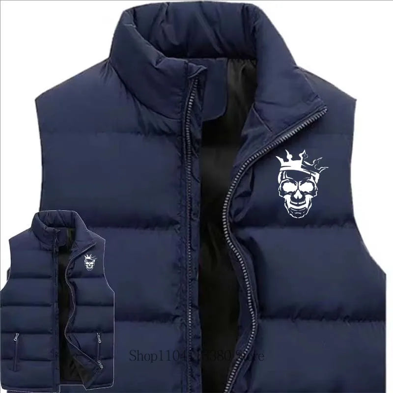 New Men Clothing Skeleton Printed Vest Autumn Winter Casual Fashion Mandarin Collar Zipper Sleeveless Warm Jacket Vest Coat