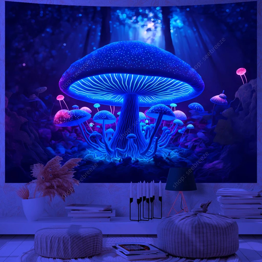 Fantasy Mushroom UV Reactive Tapestry Beautiful Floral Plant Tapestry Wall Hanging Gothic Home Wall Decor Room Decor Aesthetic