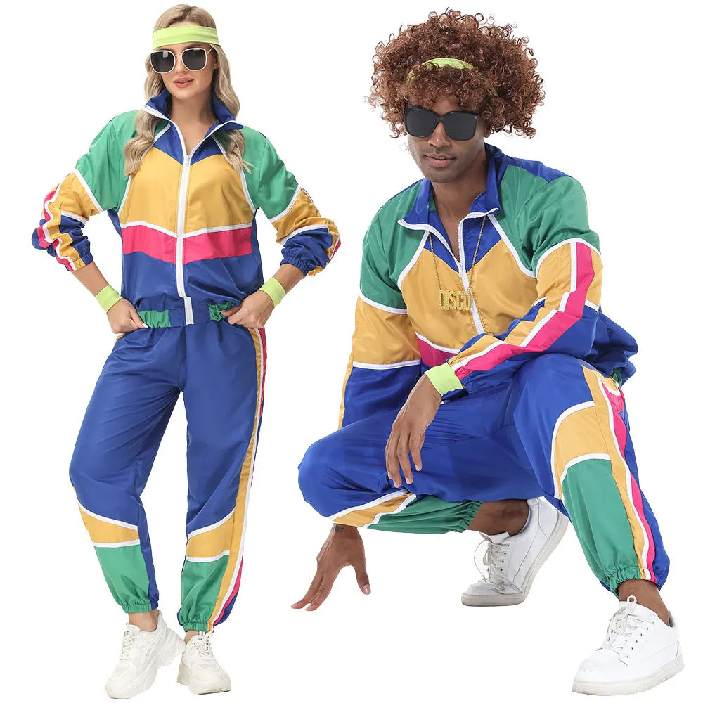 Couples Hippie Costumes for Women Men 80s 90s Retro Sportwear Hippie Disco Cosplay Costume Halloween Party Role Playing Clothes