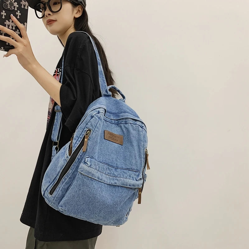 New Men's and Women's Denim Backpack Large Capacity Laptop Bag Travel Backpack College Student Backpack