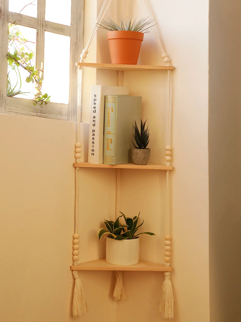 Macrame Hanging Shelf Boho Wall Hanging Handmade Rope Rustic Wood Floating Shelves Hanging Corner Wall Shelf Bedroom Decor Gifts