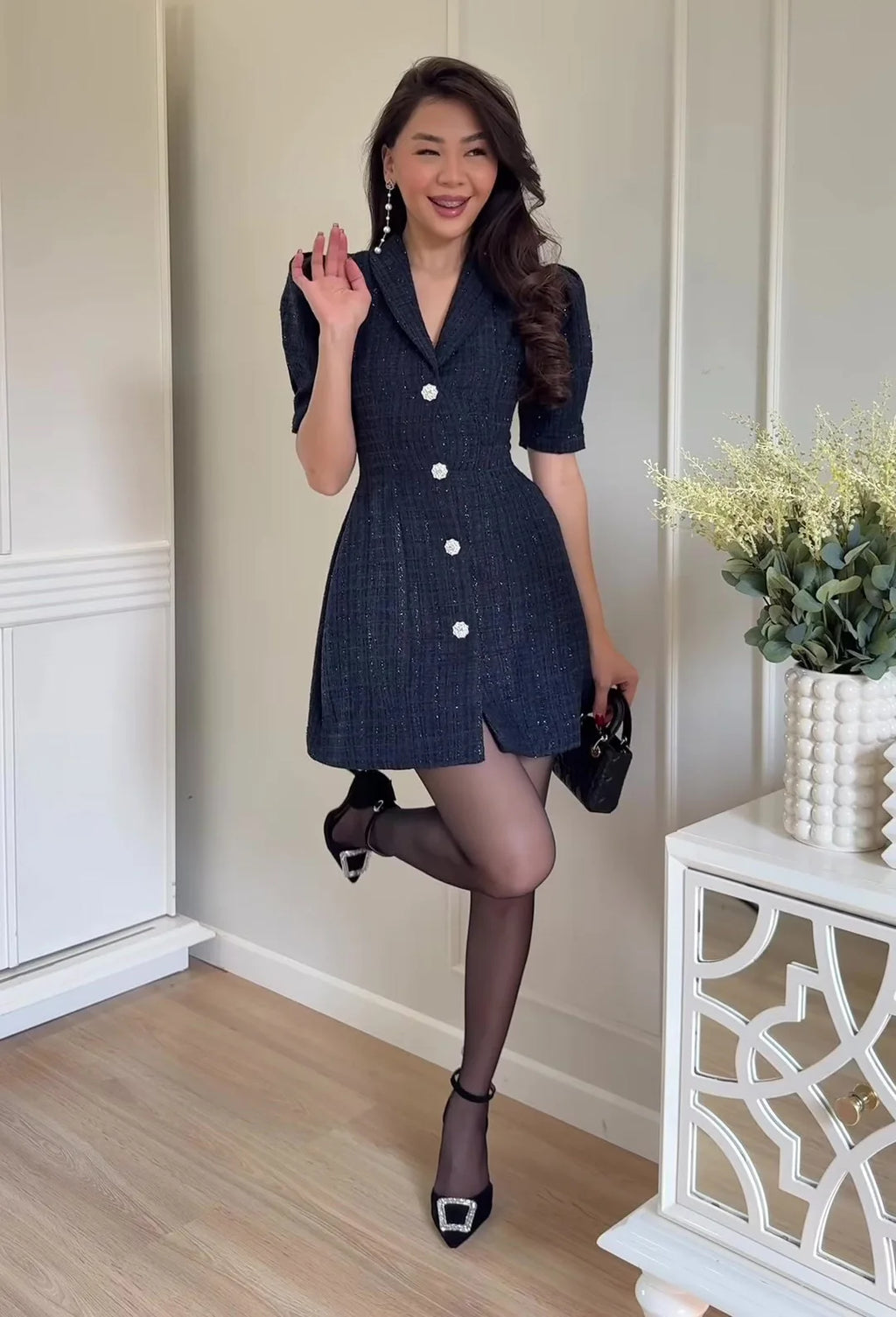 Women's Clothing 2026 Spring New Suit Collar Short Sleeve Cardigan Elegant Mini Bodycon Dress