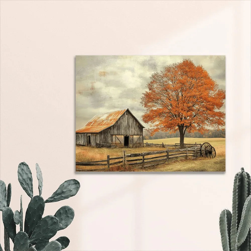 1.5 inch thick wood pine frame, interior Art Deco mural home decor mural, country farmhouse scene