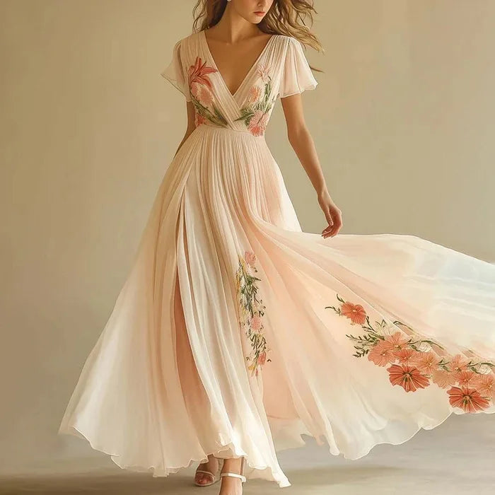 Women's Clothing Trend 2025 Summer Short Sleeve High Waist Dresses Sexy V Neck Floral Printed Boho Holiday Dress Vestidos