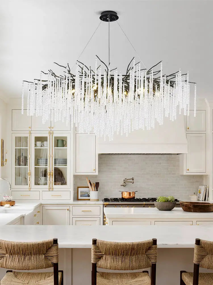 Long Crystal Branch Chandeliers For Dining Room Kitchen Table, Modern Black Crystal Hanging Chandelier Living Room Bedroom