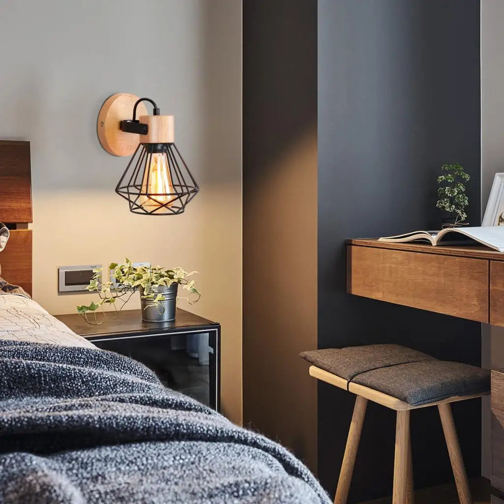 LED Wooden Wall Lights Vintage Wall Lamps Bedroom Bedside Lamp Shade Modern Wall Sconce for Kitchen Restaurant E27 Home Decor