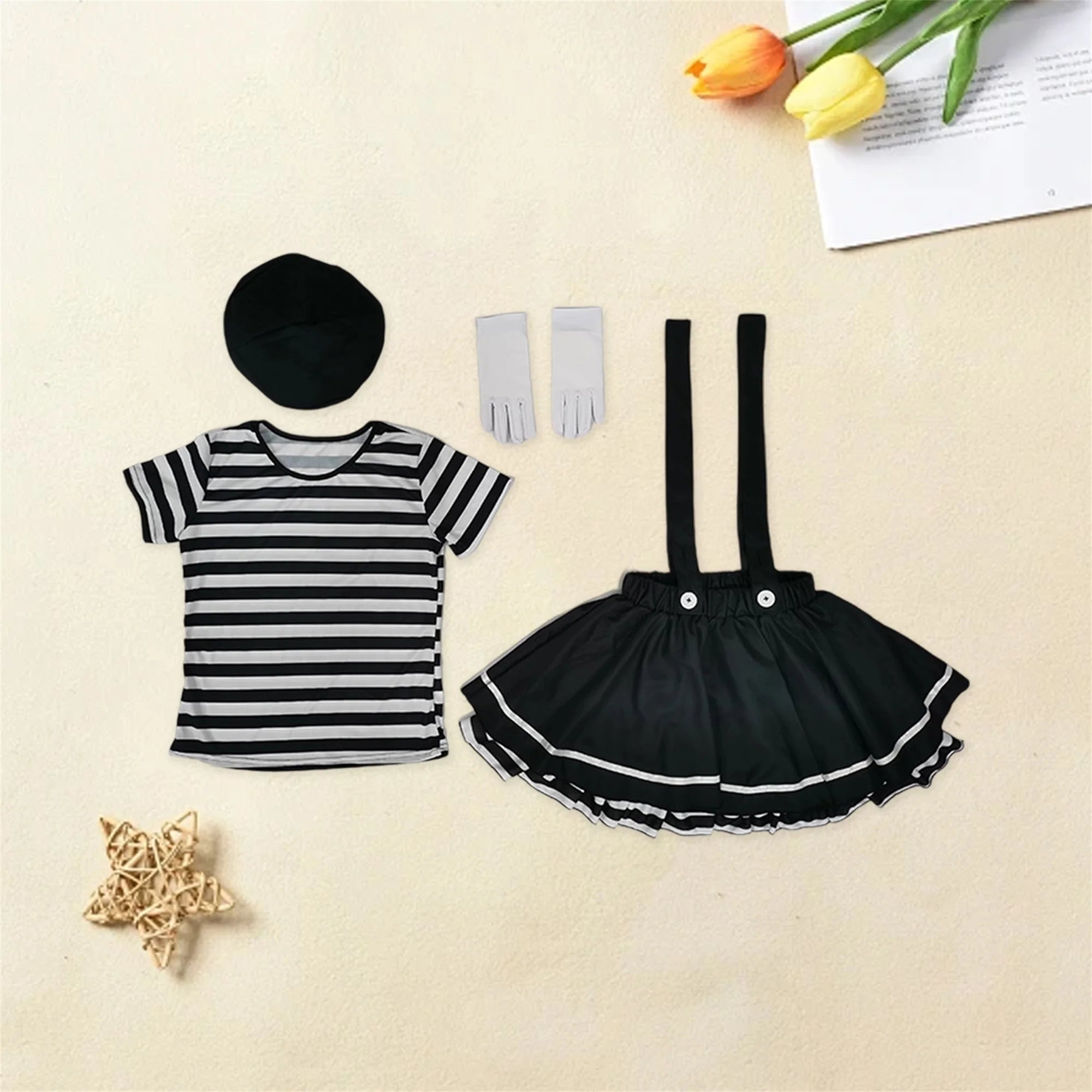 Women Clown Costumes Black White Striped Tops Suspender Skirt Gloves and Hat Set Halloween Cosplay Outfit