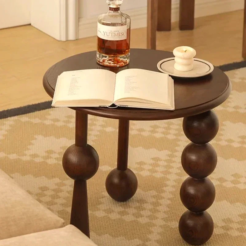 French Light Luxury Walnut Coffee Table Vintage Round Storage End Table Solid Wood Sofa Nightstand Living Room Bedside Accent