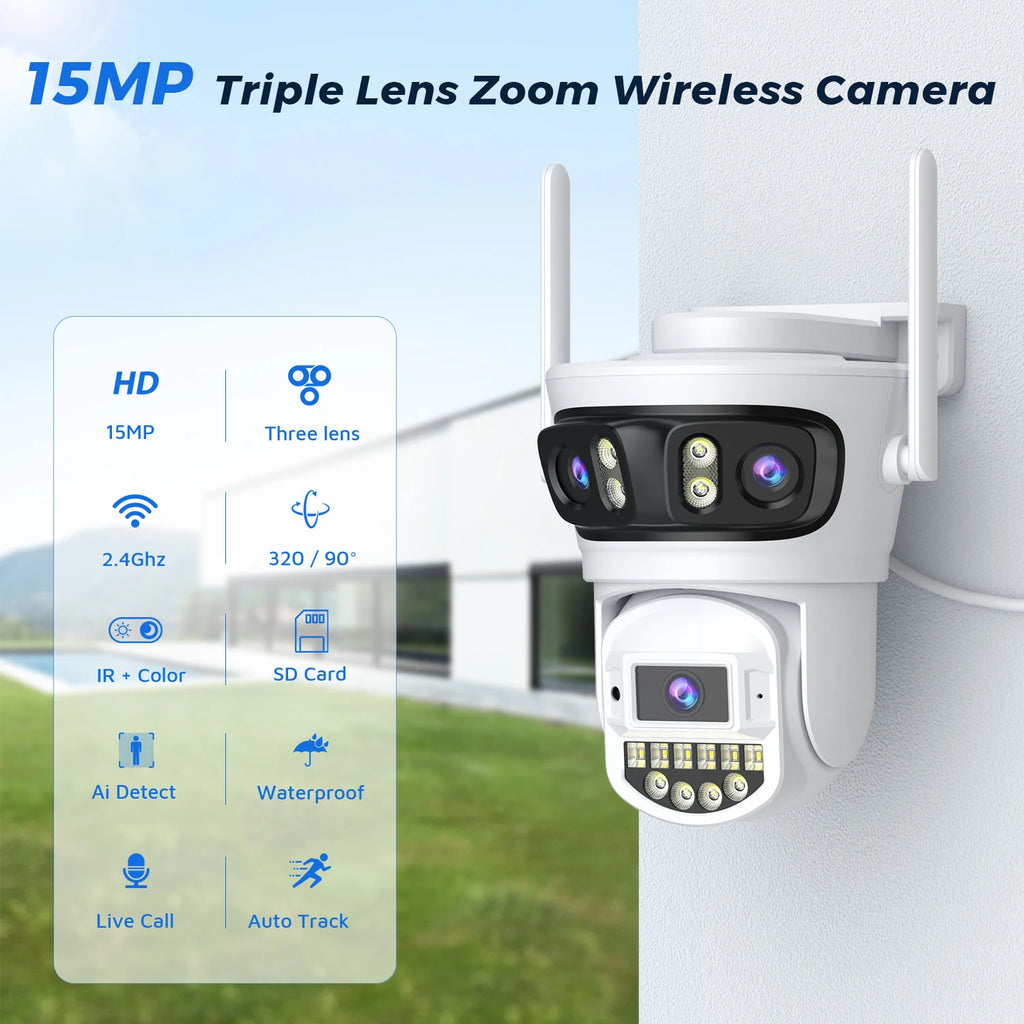 15MP HD Three Lens PTZ IP Camera Outdoor Three Screen WiFi Security Camera Auto Tracking 4K Dual Lens Wirelss CCTV Camera O-KAM