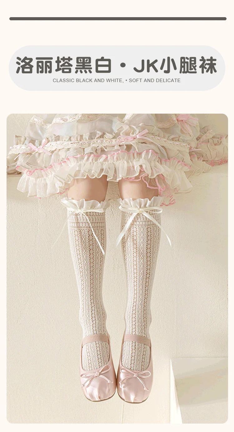 Girls Kids Geometric Retro Twists bowknot Long Kawaii Socks Princess Sweet Baby Over Knee High Sock Hollow mesh Lolita Stockings