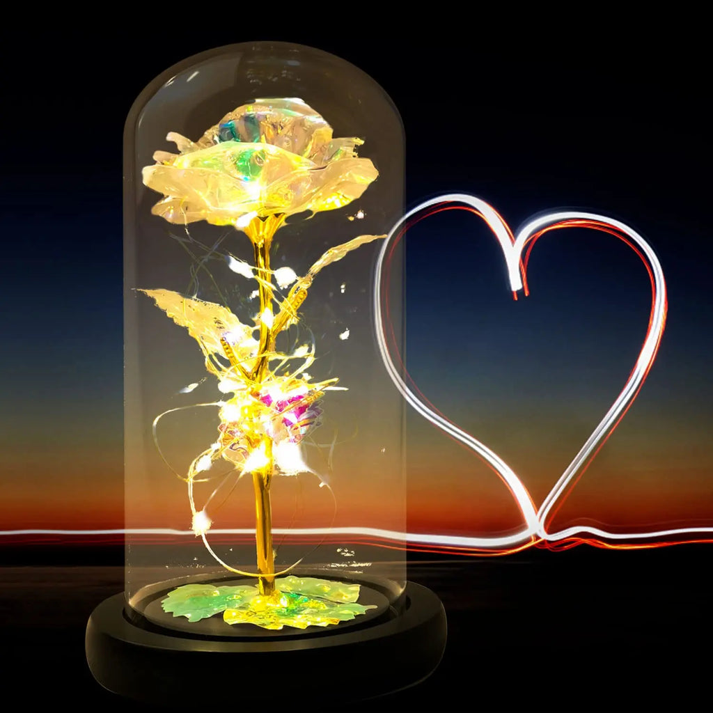 Artificial Glass Flower with Eternal Rose of the LED Light for Women Beauty and Beast Rose Birthday Gifts for Girls Christmas
