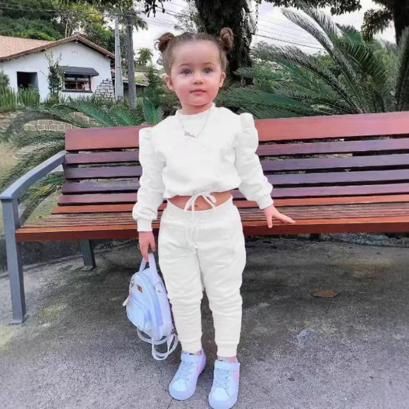 Children's Kids Girls Fall Clothing Outfits Solid Color Long Sleeve Crop Tops+Sport Pants Trousers Fashion Clothes Sets 1-7Y