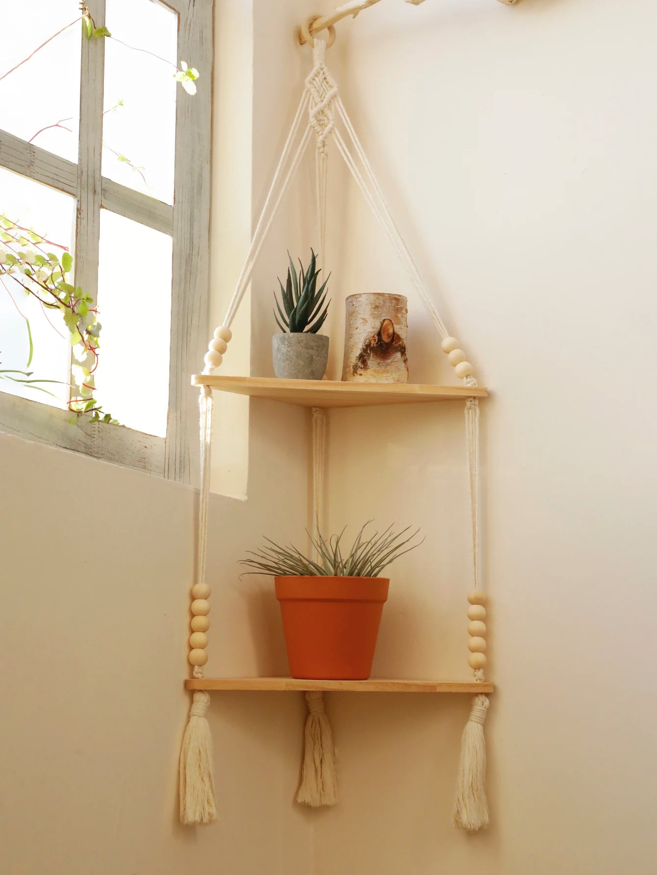 Macrame Hanging Shelf Boho Wall Hanging Handmade Rope Rustic Wood Floating Shelves Hanging Corner Wall Shelf Bedroom Decor Gifts
