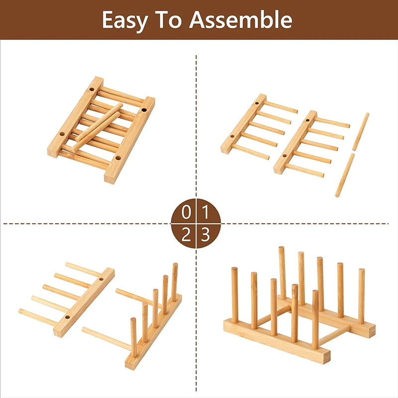 Dish Drainer Plate Rack Bamboo Shelf Cups Display Stand Drainer Holder Pan Cover Drying Organizer Kitchen Accessory