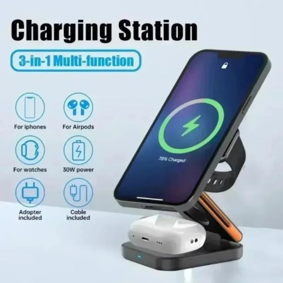 3 in 1 Fast Charging Station Foldable Magnetic Wireless Charger Stand for iPhone 17 16 15 14 13 12 iWatch 10-2 Airpods Pro Max