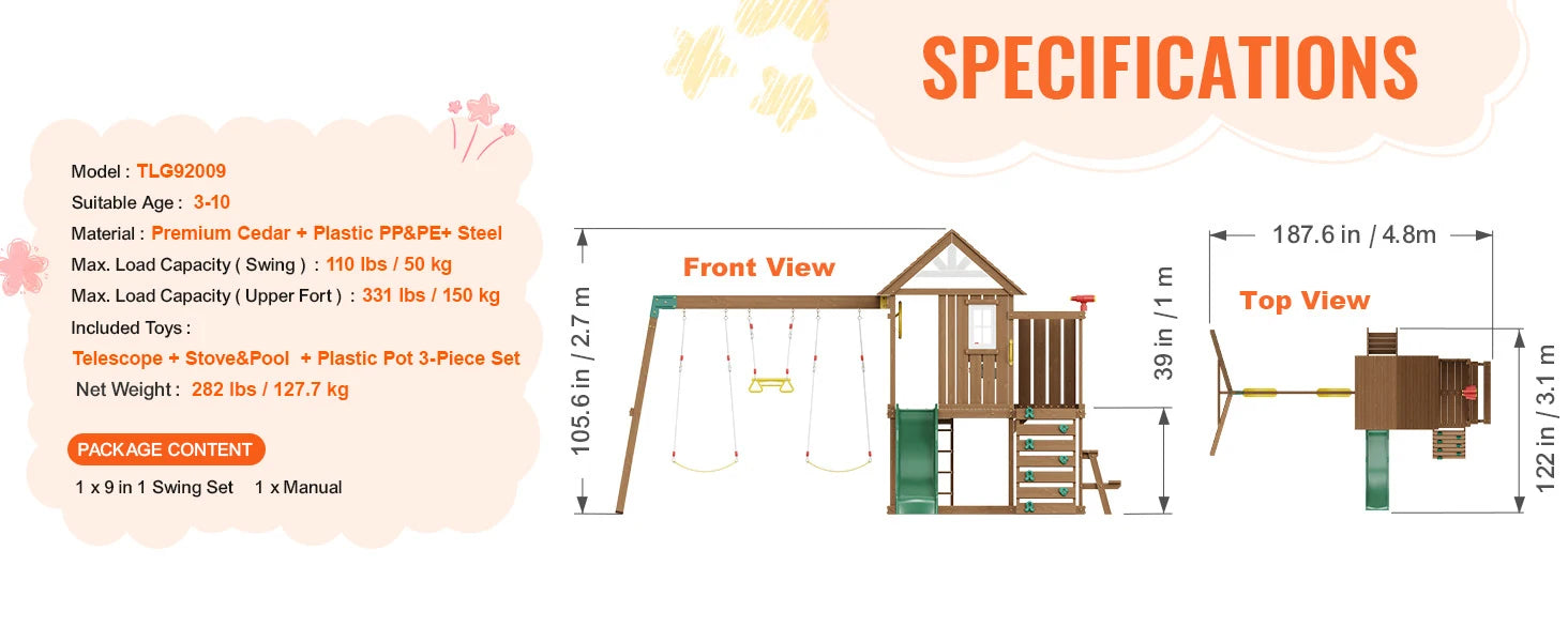 SucceBuy Wooden Swing Set 9/10 IN 1 Outdoor Playground Sets for Backyards 2 Swings Trapeze Bar 6 FT Slide Large Upper Fort