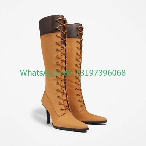 Lady denim canvas yellow runway knee boots causal running office lady dress boots size vintage lace-up new arrive pointed toe 43