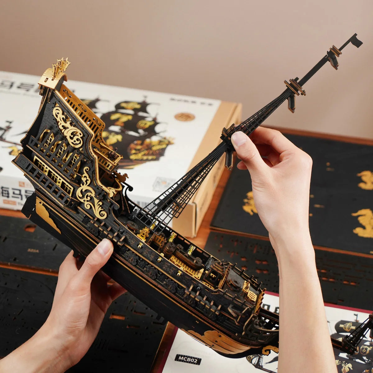 Robotime ROKR The Seahorse Barque Pre-colored Baroque-era Warship for Adult Gifts for Family Building Block Kit 3D Wooden Puzzle