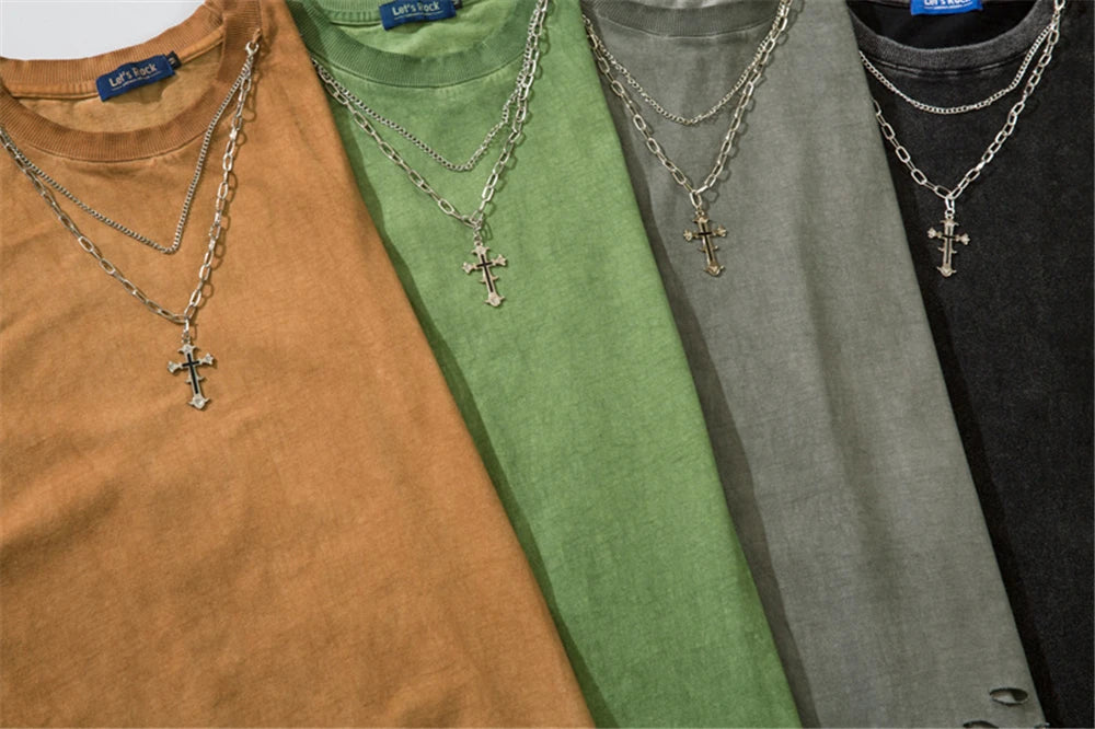 Hip Hop Tank Tops Men's Vintage Washed Sleeveless T-Shirt Hole Harajuku Dancing Breathable Tops with Necklace Streetwear