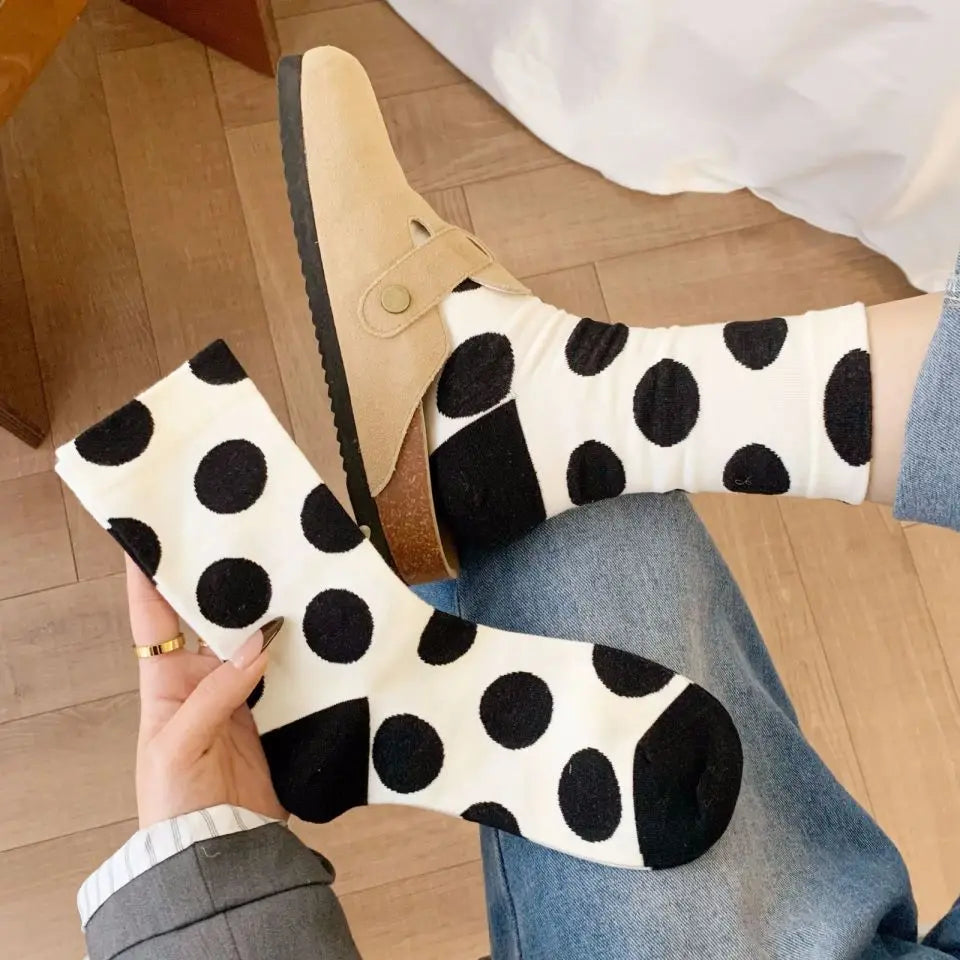Ladies Socks For Girls Polka Dot Socks Women Black White Cute Kawaii Harajuku Socks Cotton Happy Funny Casual Short Sock Woman