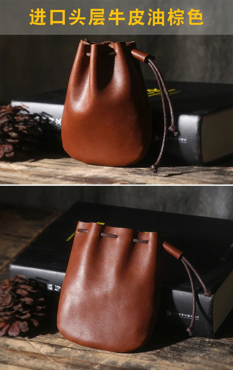 Drawstring Coin Storage Bag Handmade Genuine Leather Unisex Coin Purse Cow Leather Coins Money Pocket Retro Wallet Bags