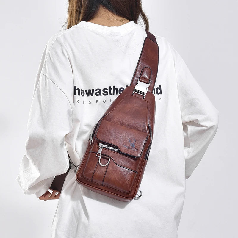 New PU Leather Crossbody Bag Vintage Casual Chest Bag Men Women Large Capacity Waterproof Sling Bag Simple Business Shoulder Bag