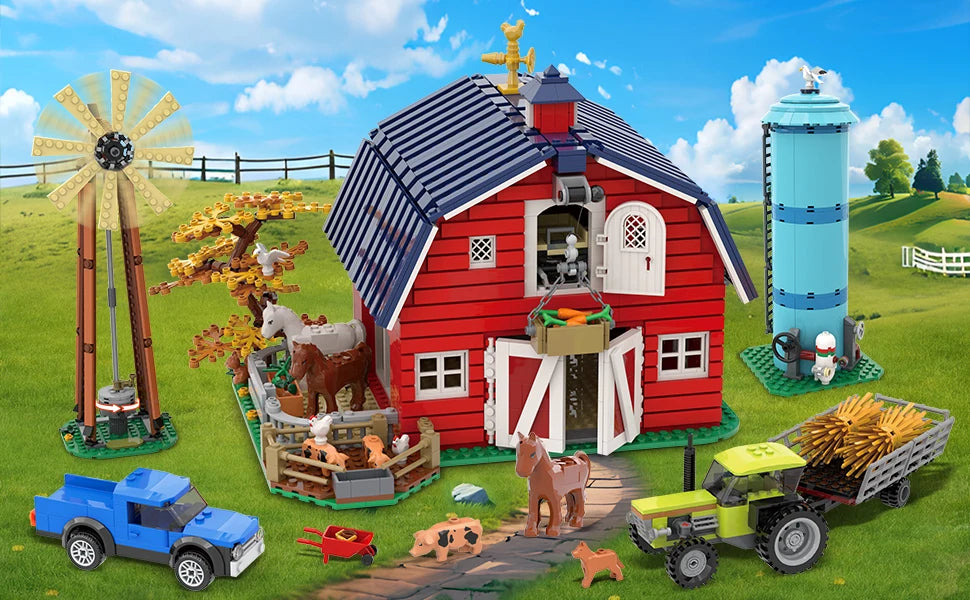 Farm Barn Building Set with Light-with Windmill Tractor Horse Animals Big Barn Construction Toy Brick Kit for Adults Teens 8+