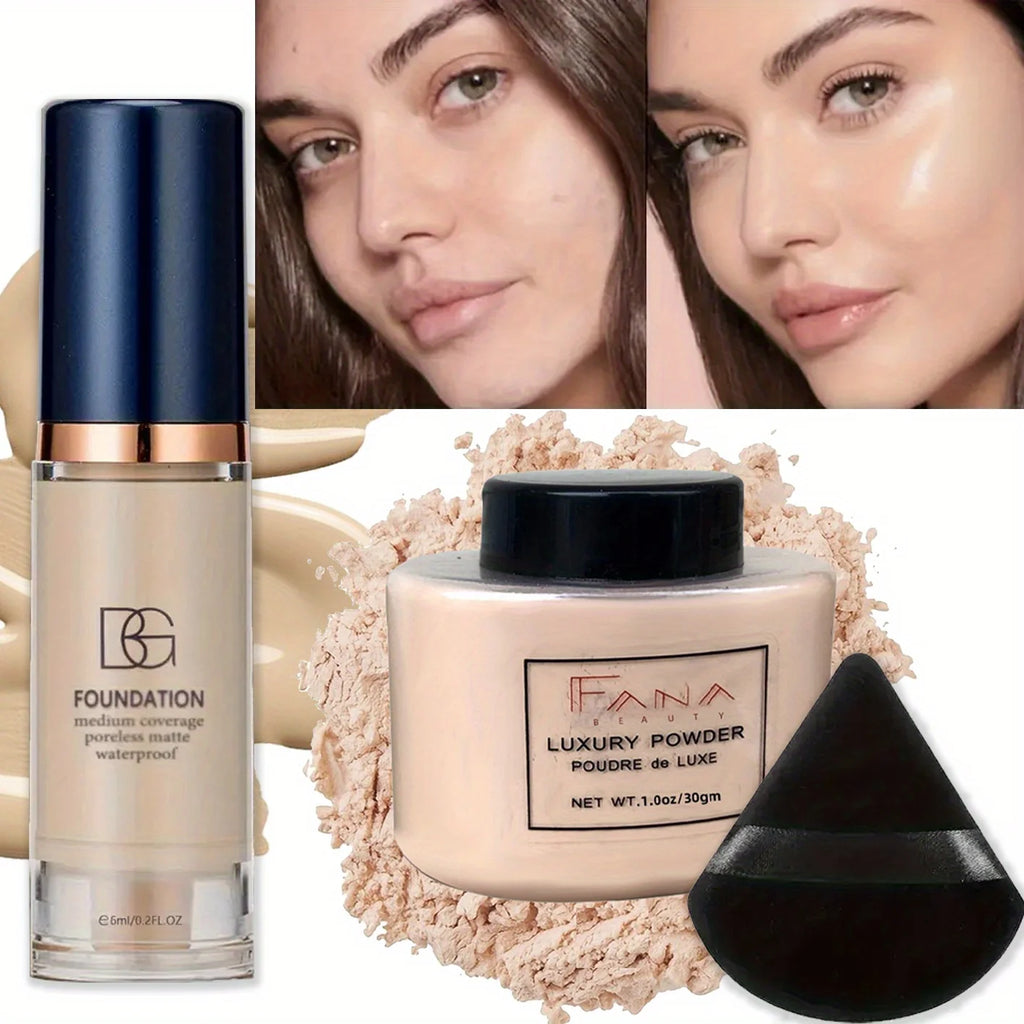 3 Pcs/Set Full Coverage Foundation with Oil-Control Powder and Puff - Waterproof Travel Set Easily Creating Everyday Looks
