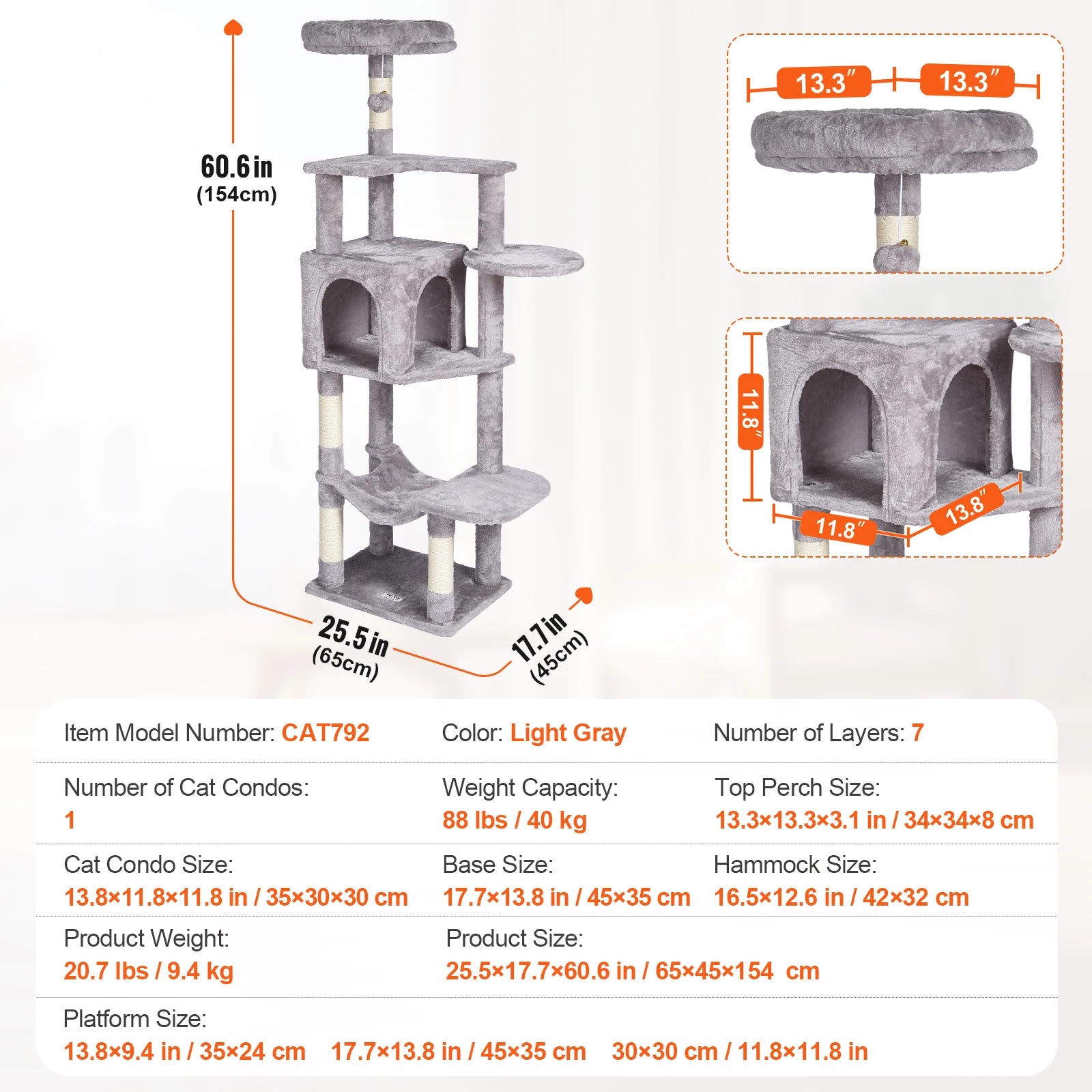 SucceBuy Cat Tree for Indoor Cats Cat Tower with Cat Condo Sisal Scratching Post HammockTop Perch Jumping Platforms Dark Grey