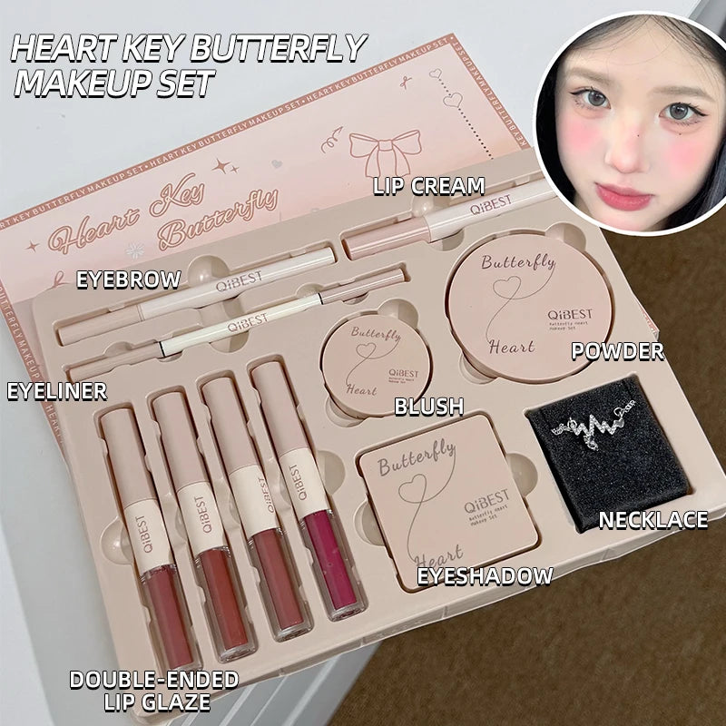QIBEST Face Makeup Set 4pc Double End Lip Glaze, Pressed Powder,Blush,Eyeshadow, Eyebrow Pen,Eyeliner,Lip Oil Gift Cosmetics