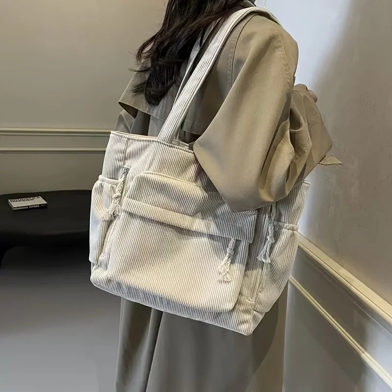 Vintage Corduroy Handbag Shoulder Bag with Multiple Pockets, Fixed Straps, Zipper Closure, Ideal for Outing, Commuting, Travel