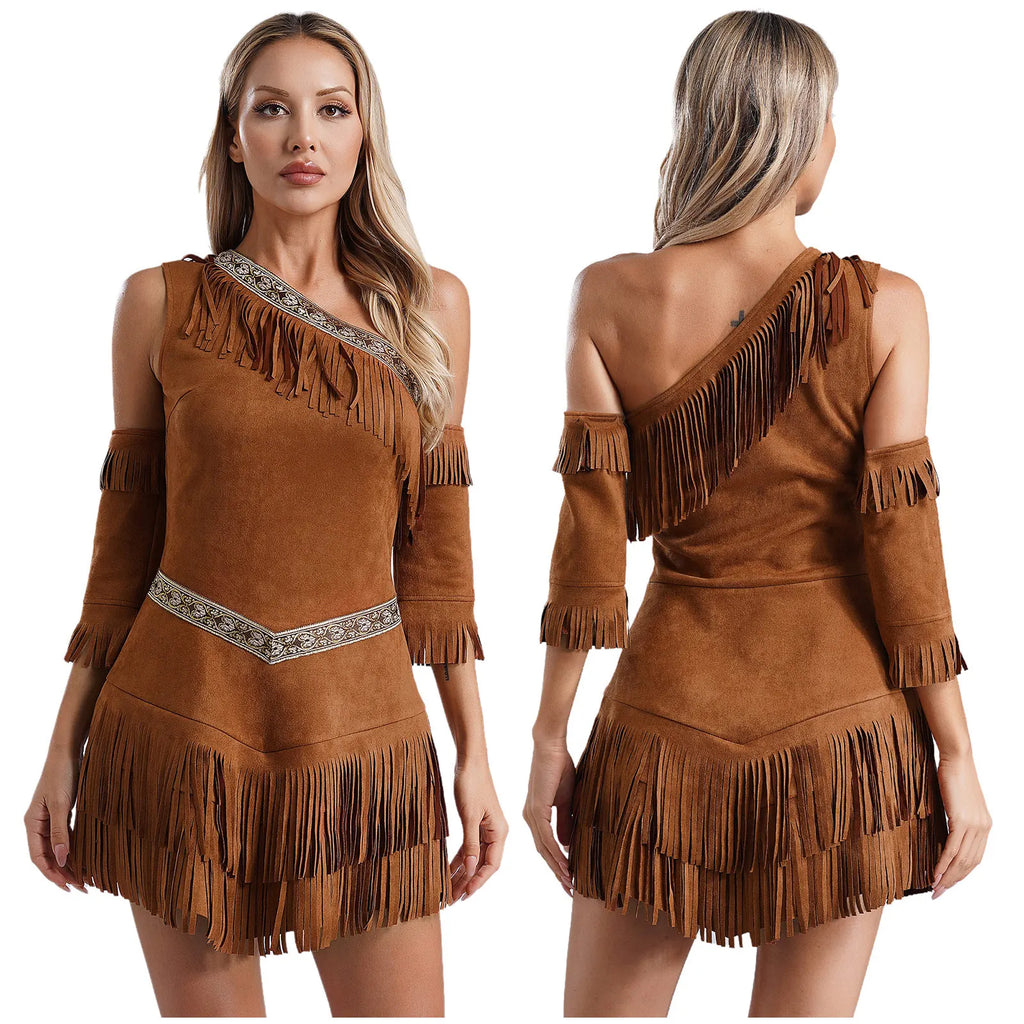 Womens Indian Native Cosplay Costume Halloween Cosplay Party Dress One Shoulder Sleeveless Fringe Dress Up with Tassel Sleeves