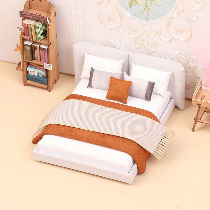 Dollhouse Cream Color Double Bed Model For Bedroom Micro Landscape Scene Miniature Furniture Doll Accessories
