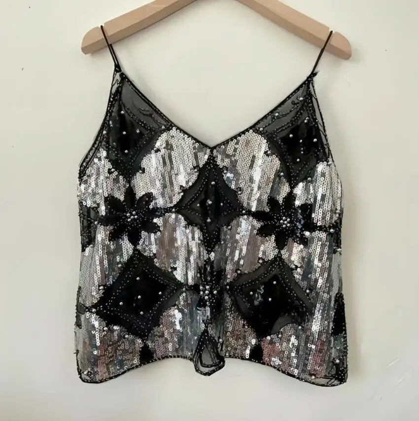 Summer Women Bling Sequined Tanks Tops Sexy Beaded Work Mesh Tops Chic Women Sparkly Cami Vest Femme Streetwear