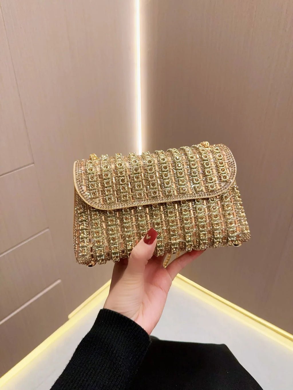 Full Rhinestone Women's Evening Clutch Bag luxury Leather Chain Handbag Elegant Wedding Party Diamond Wallet Rectangular Purse