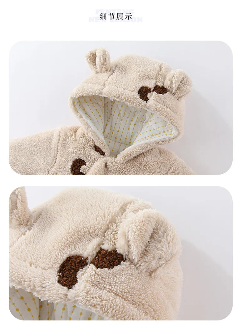 Winter Newborn Clothes Cotton Padded Toddler Clothes Fur Lining Girls Hoodie Footies Warm Jumpsuits