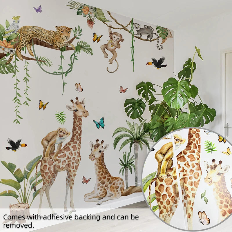 Large Forest Animals Wall Sticker Jungle Safari Giraffe Monkey Leopard Wallpaper for Kids Room Baby Bedroom Nursery Decoration